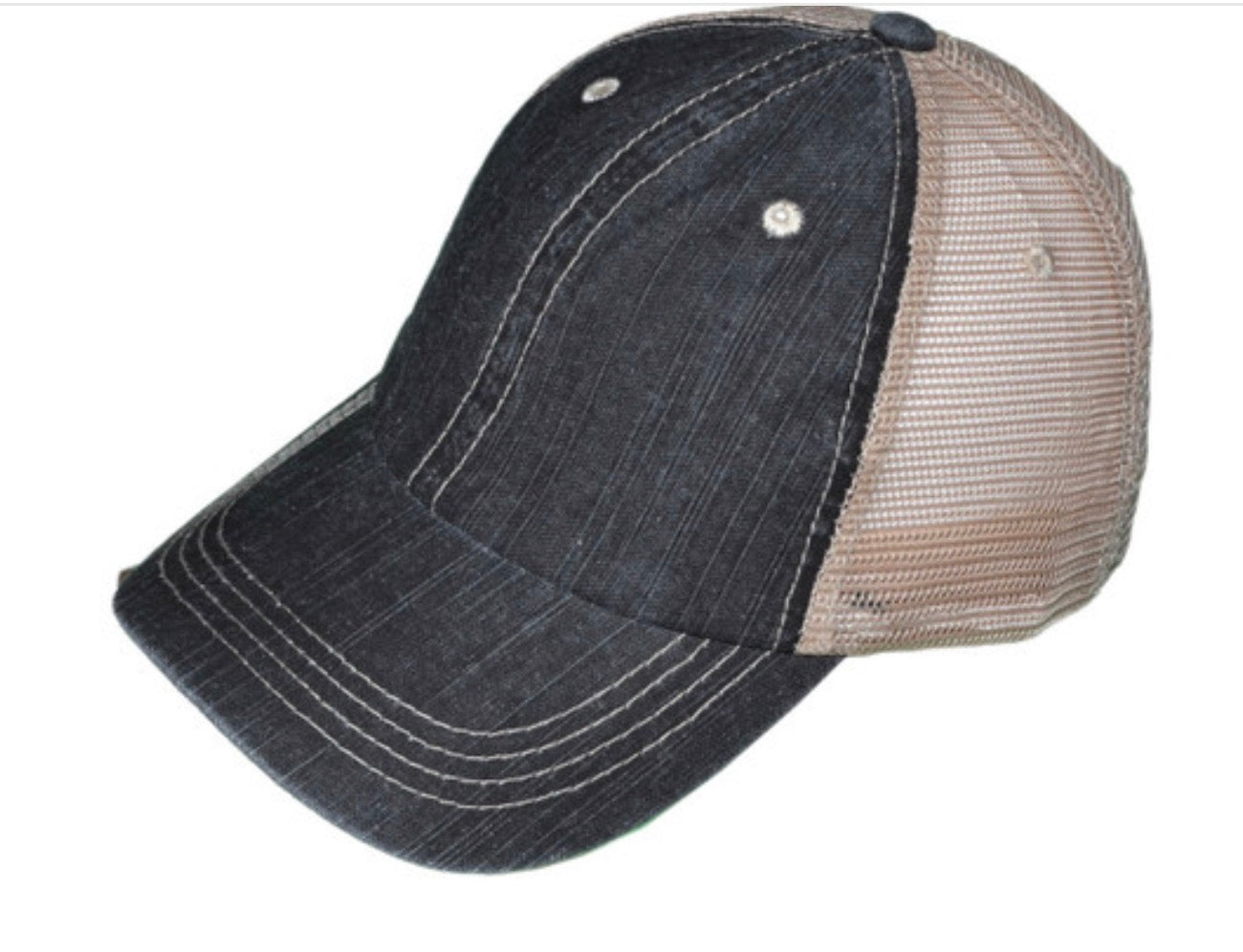 Black/Khaki Herringbone Cotton Trucker Hat Low Profile Unstructured