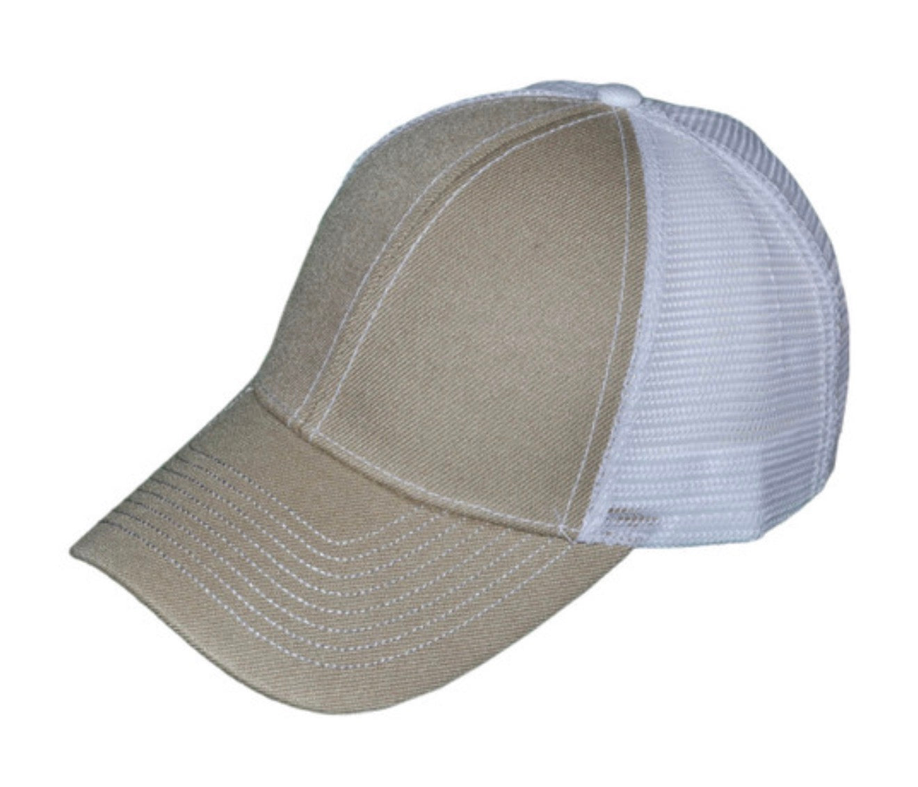 Khaki/White Contrast Stitching Trucker Hat Structured 6 Panel