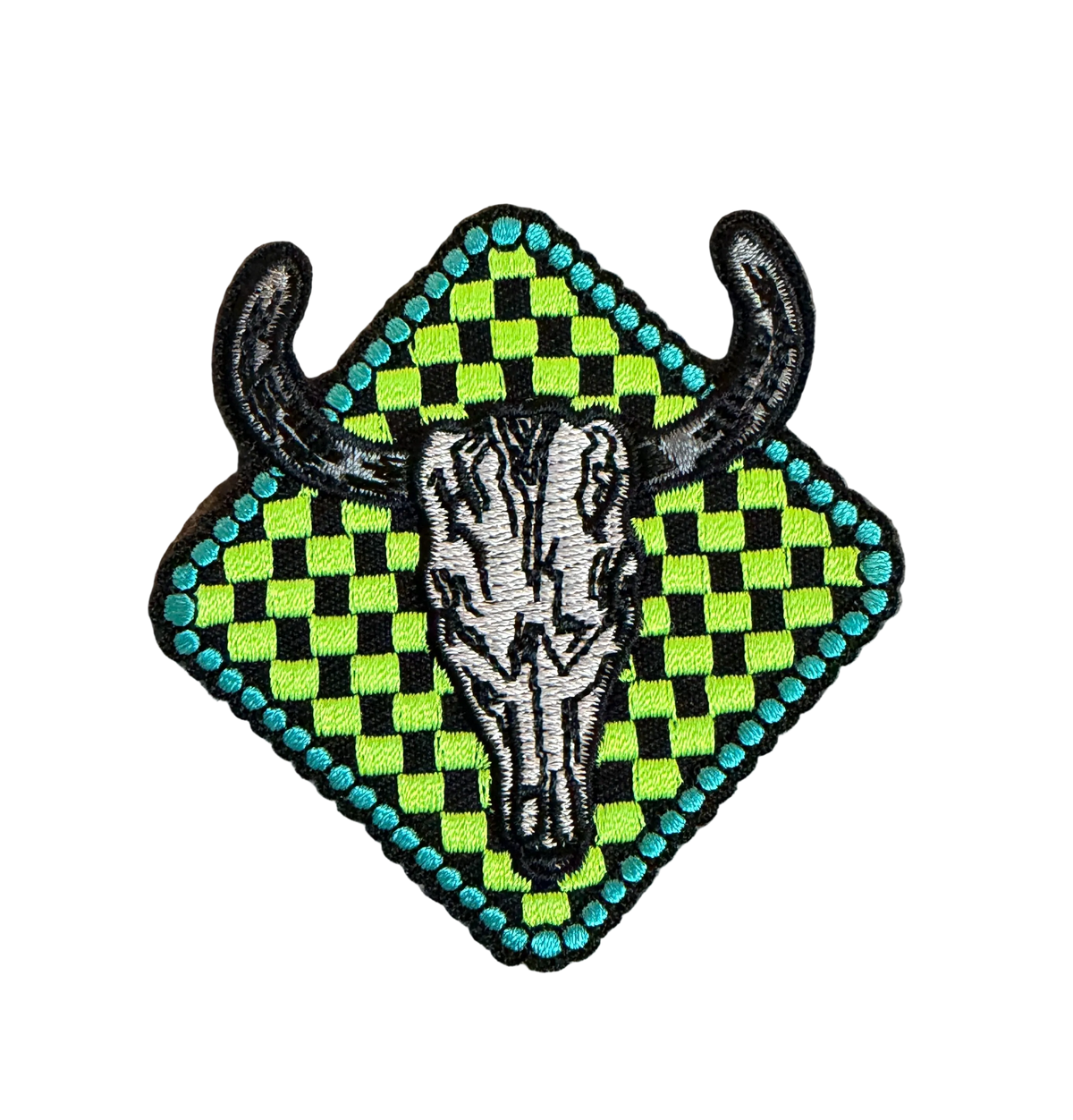 Neon Green Checkered Diamond Steer Head Patch
