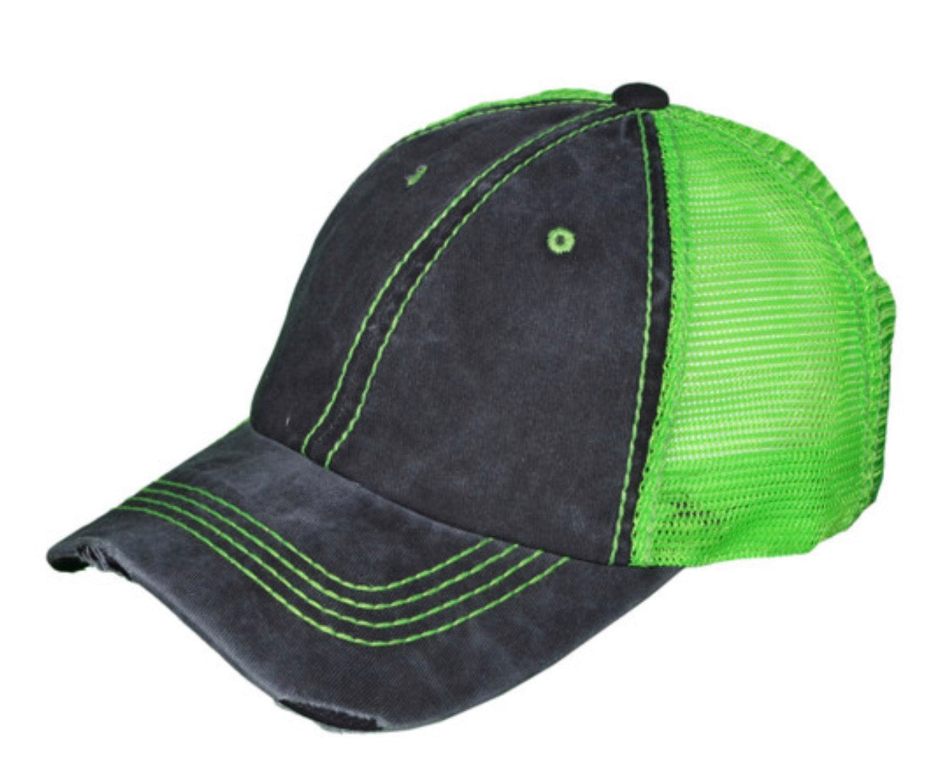 Black/Neon Green Vintage Distressed Low Profile Trucker Hat
