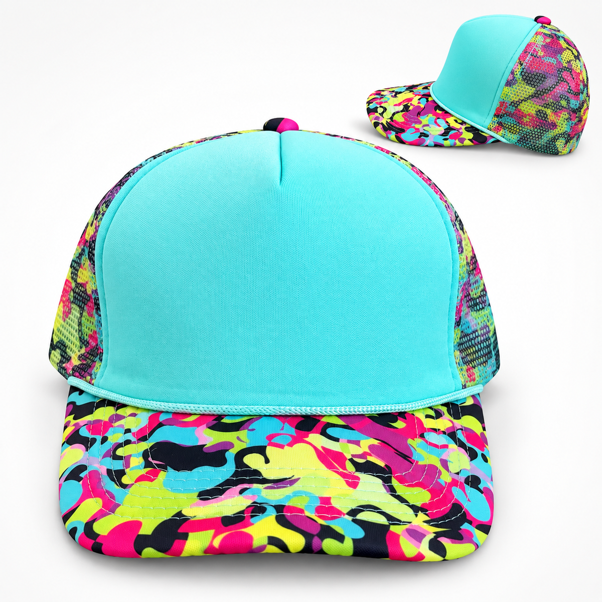 Aqua Foam Bright Multi Camo Mesh Trucker Hat