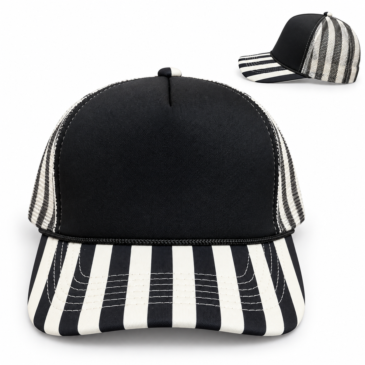 Black Foam Black/White Striped Mesh Trucker Hat