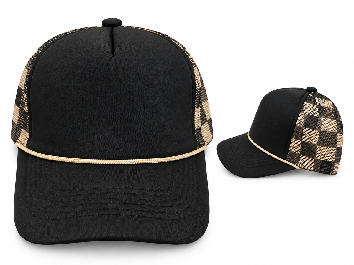 Black Foam Tan Checkered Trucker Hat