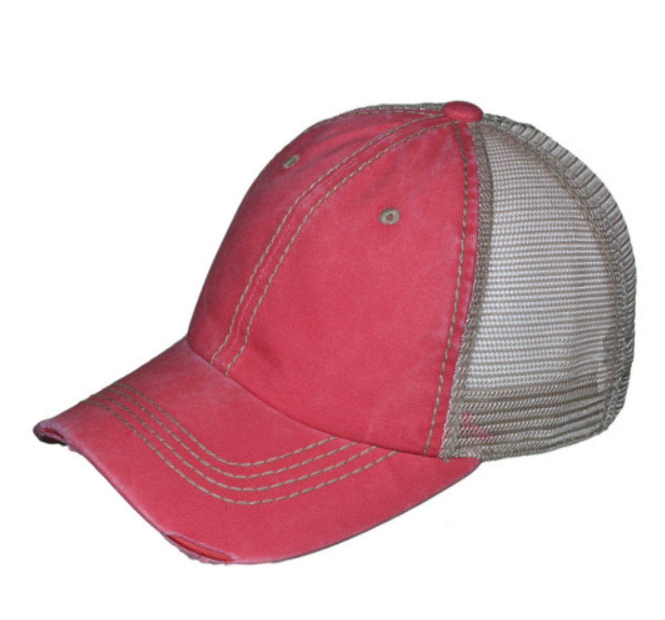 Red/Khaki Vintage Distressed Low Profile Trucker Hat