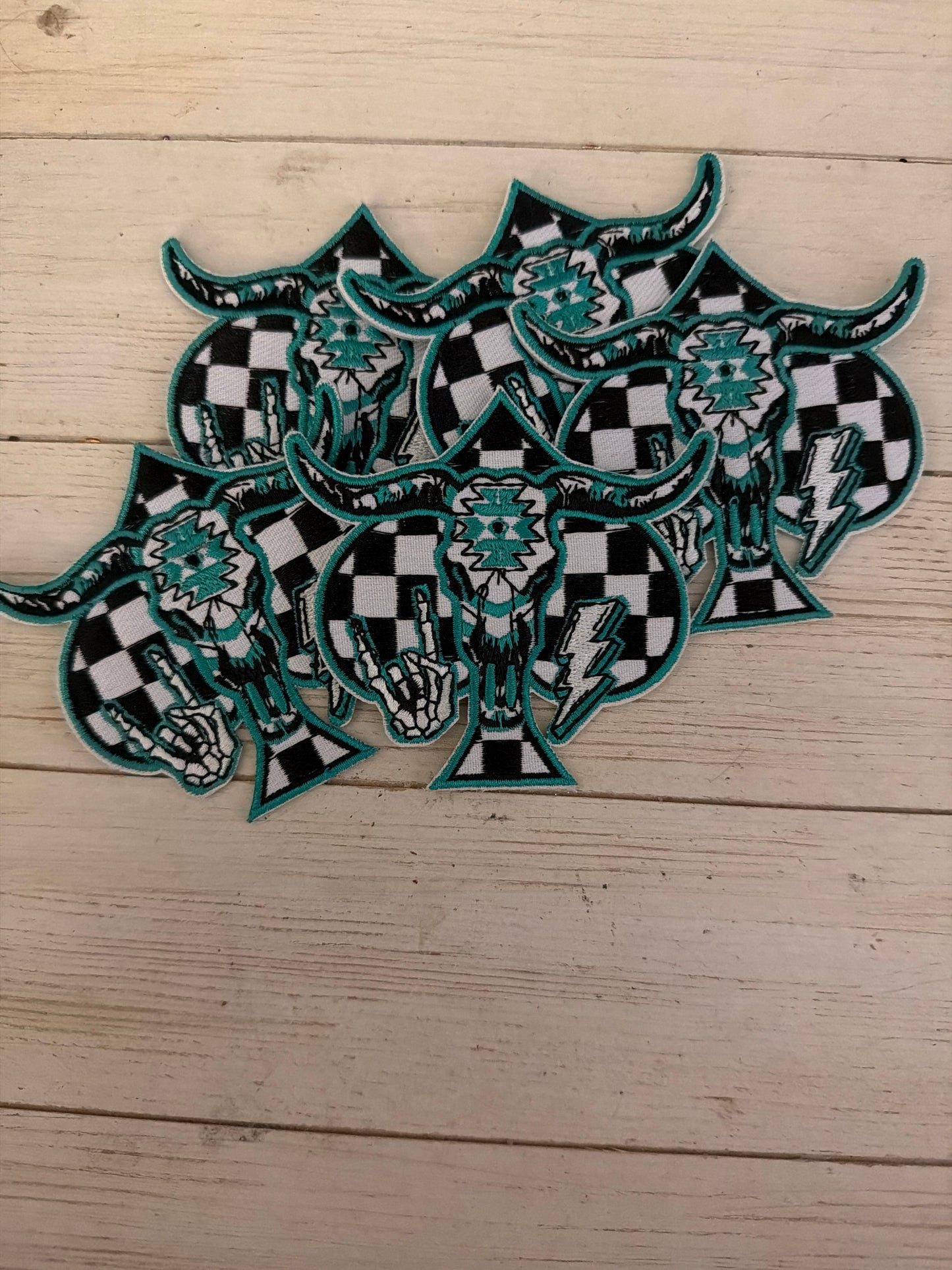 Checkered spade turquoise skull and Bolt Patch