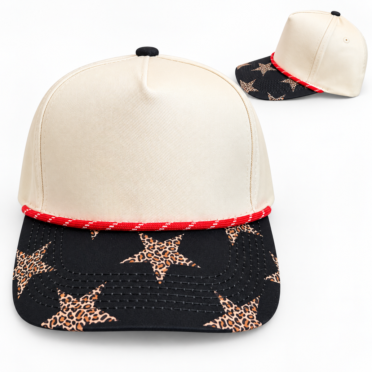 Cream Canvas Black Bill Leopard Star Hat