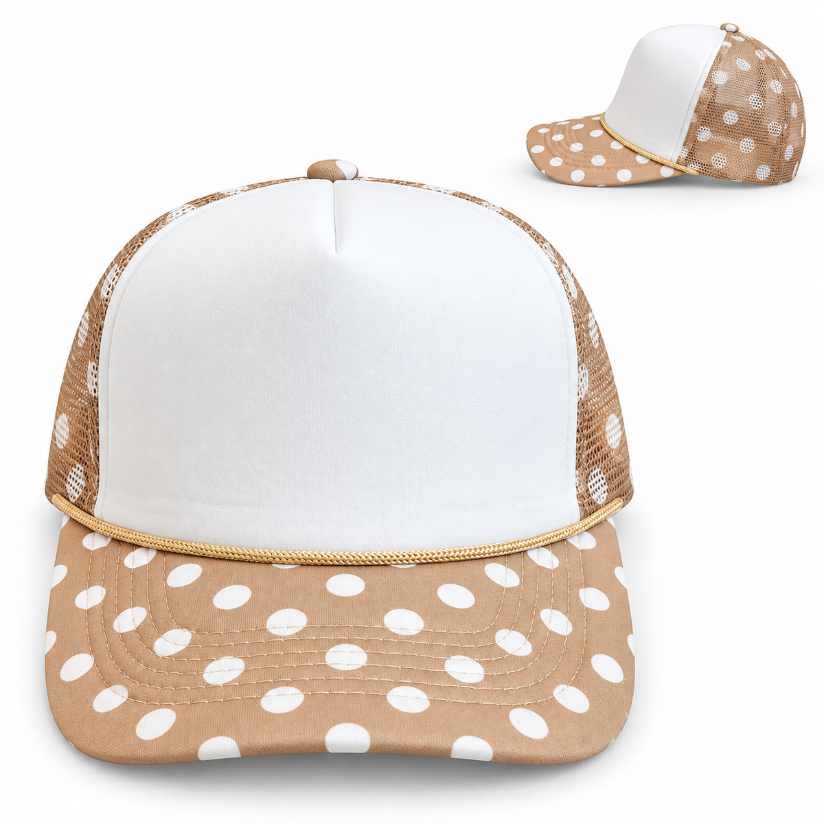 White Foam Tan/White Polka Dot Mesh Trucker Hat