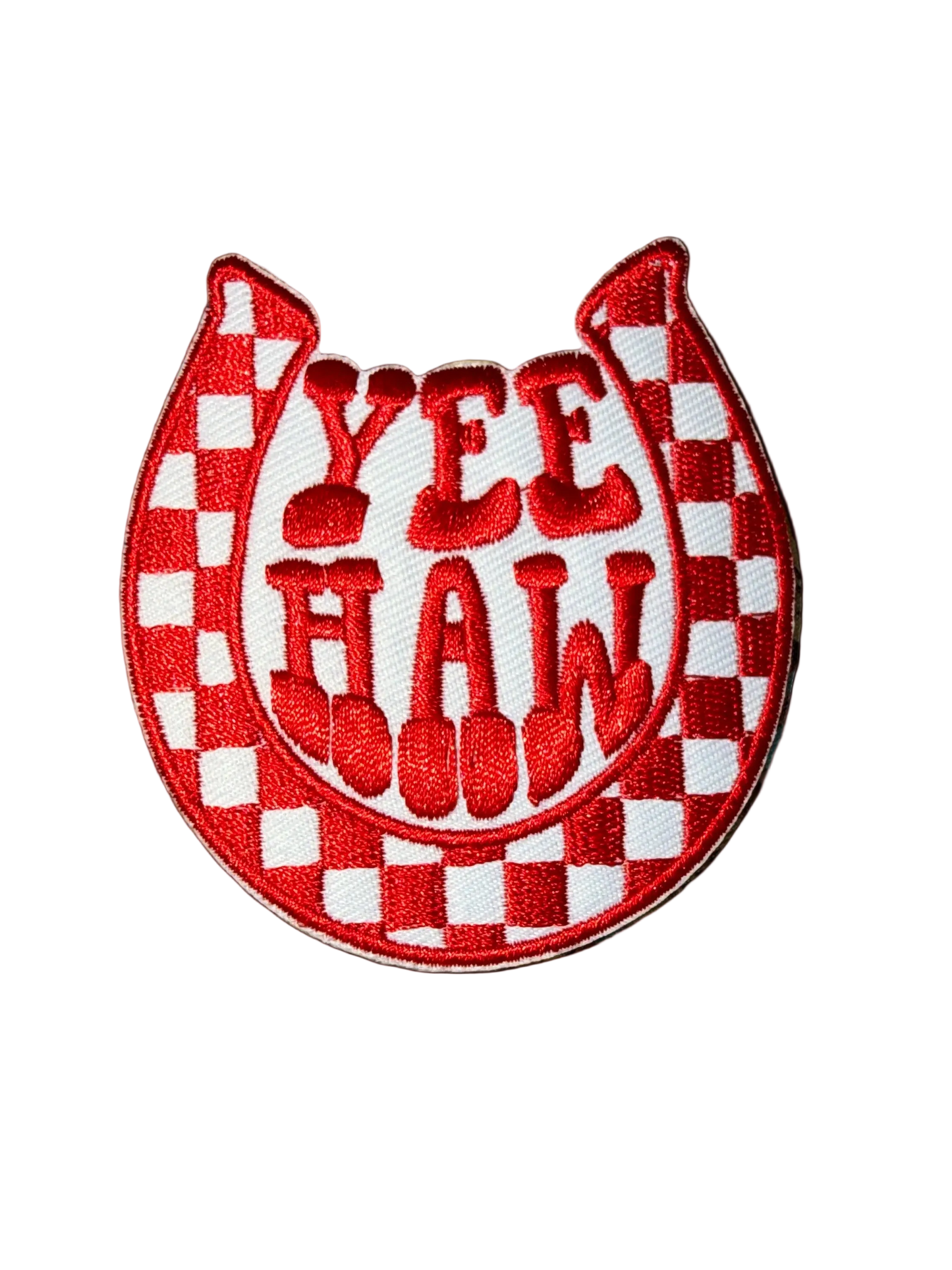 Yee Haw Red checkered Horseshoe Patch