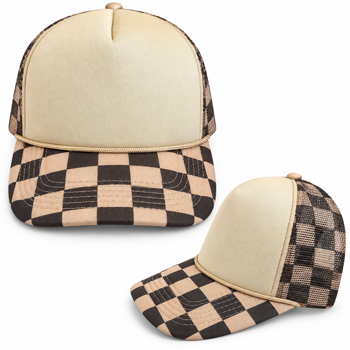 Tan Foam Brown Checkered Mesh Trucker Hat