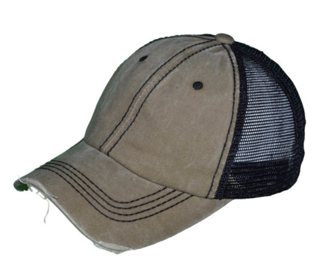 Khaki/Black Vintage Distressed Low Profile Trucker Hat