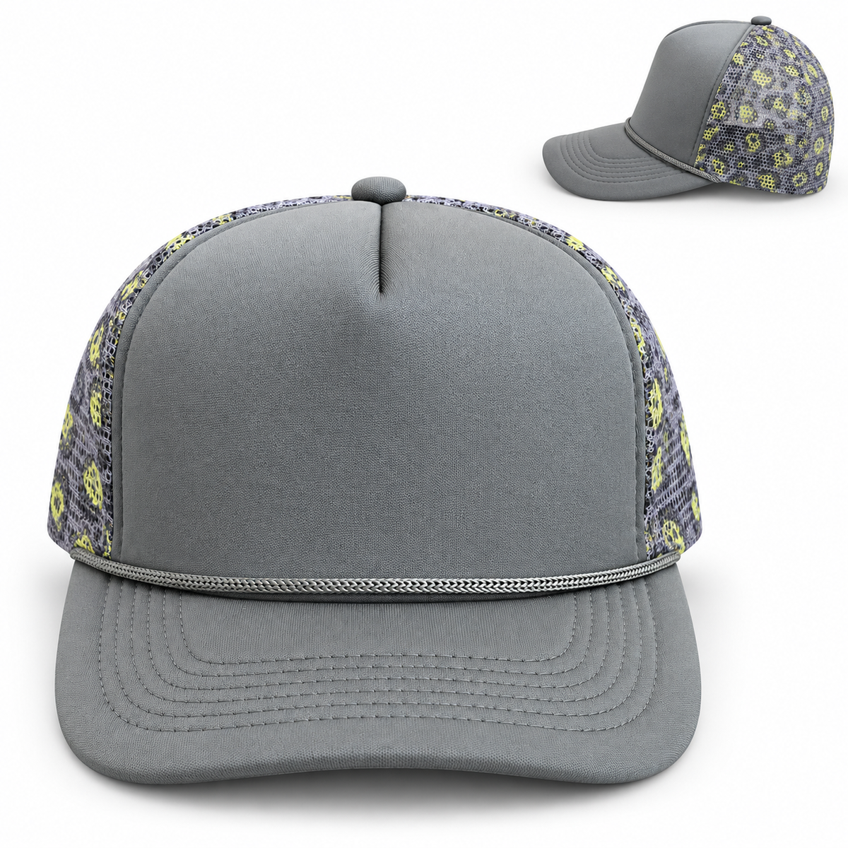 Grey Foam Purple/Yellow Leopard Mesh Trucker Hat