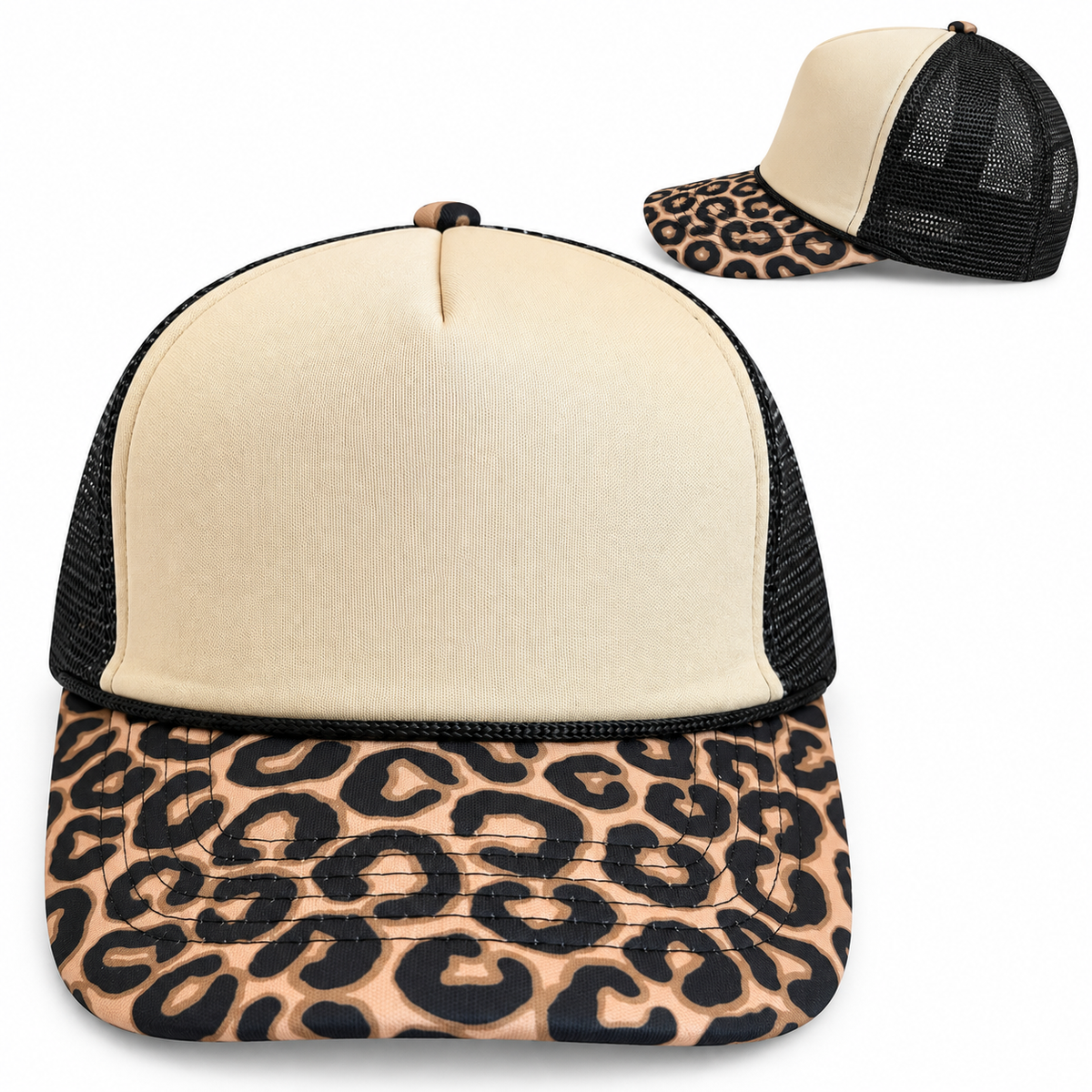 Tan Foam Leopard Black Mesh Trucker Hat