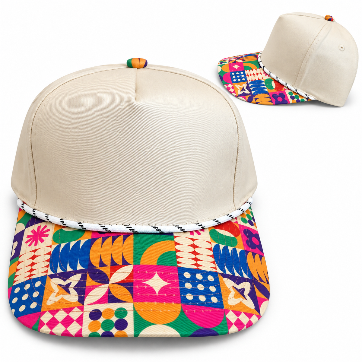 Cream Canvas Multi Colored Patchwork Hat