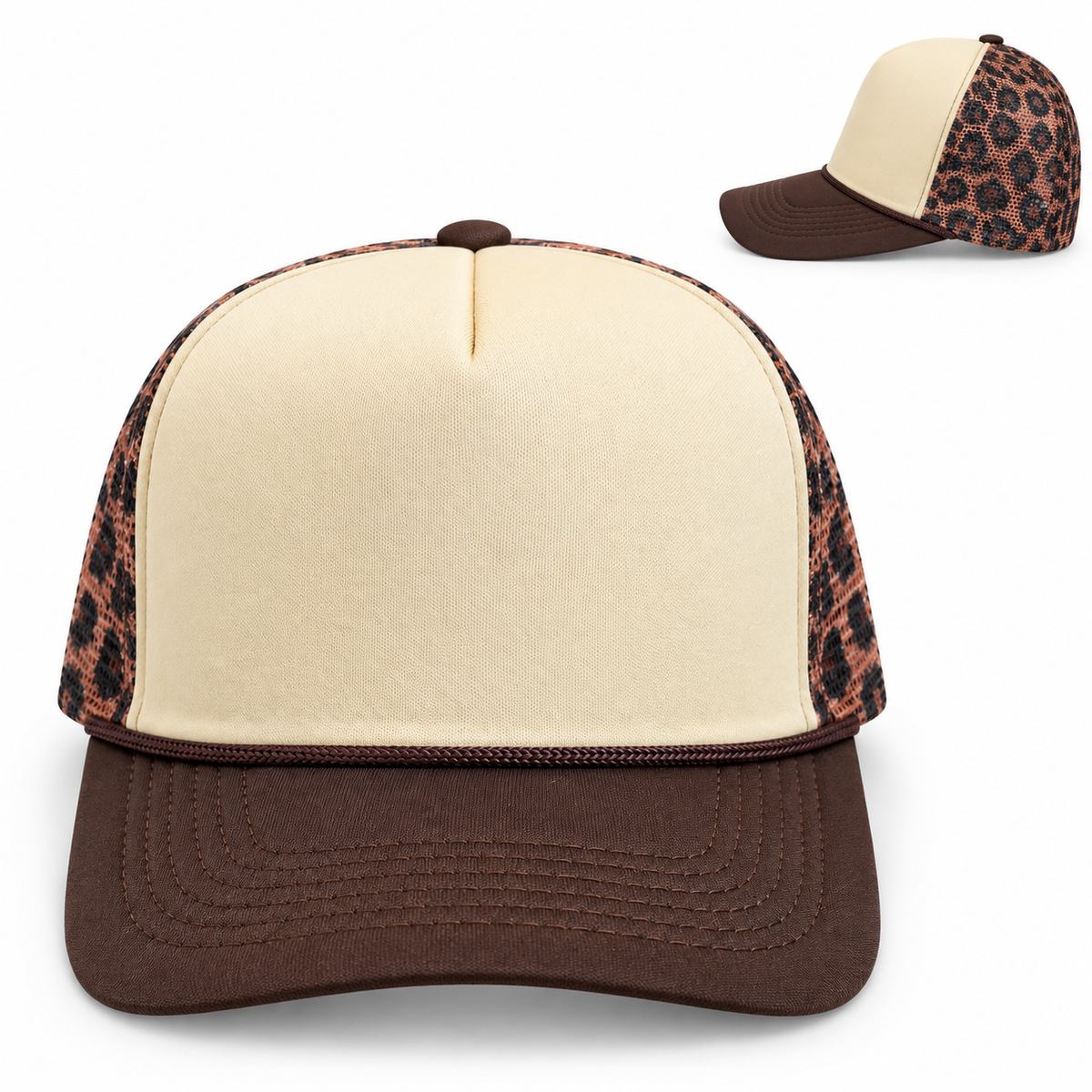 Tan Foam Brown Leopard Mesh Trucker Hat