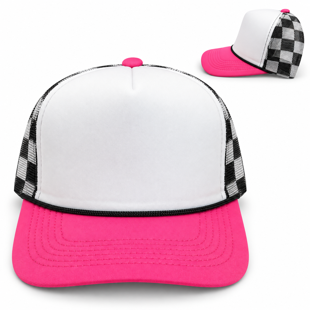 White Foam Bright Pink Black/White Checkered Mesh Trucker Hat