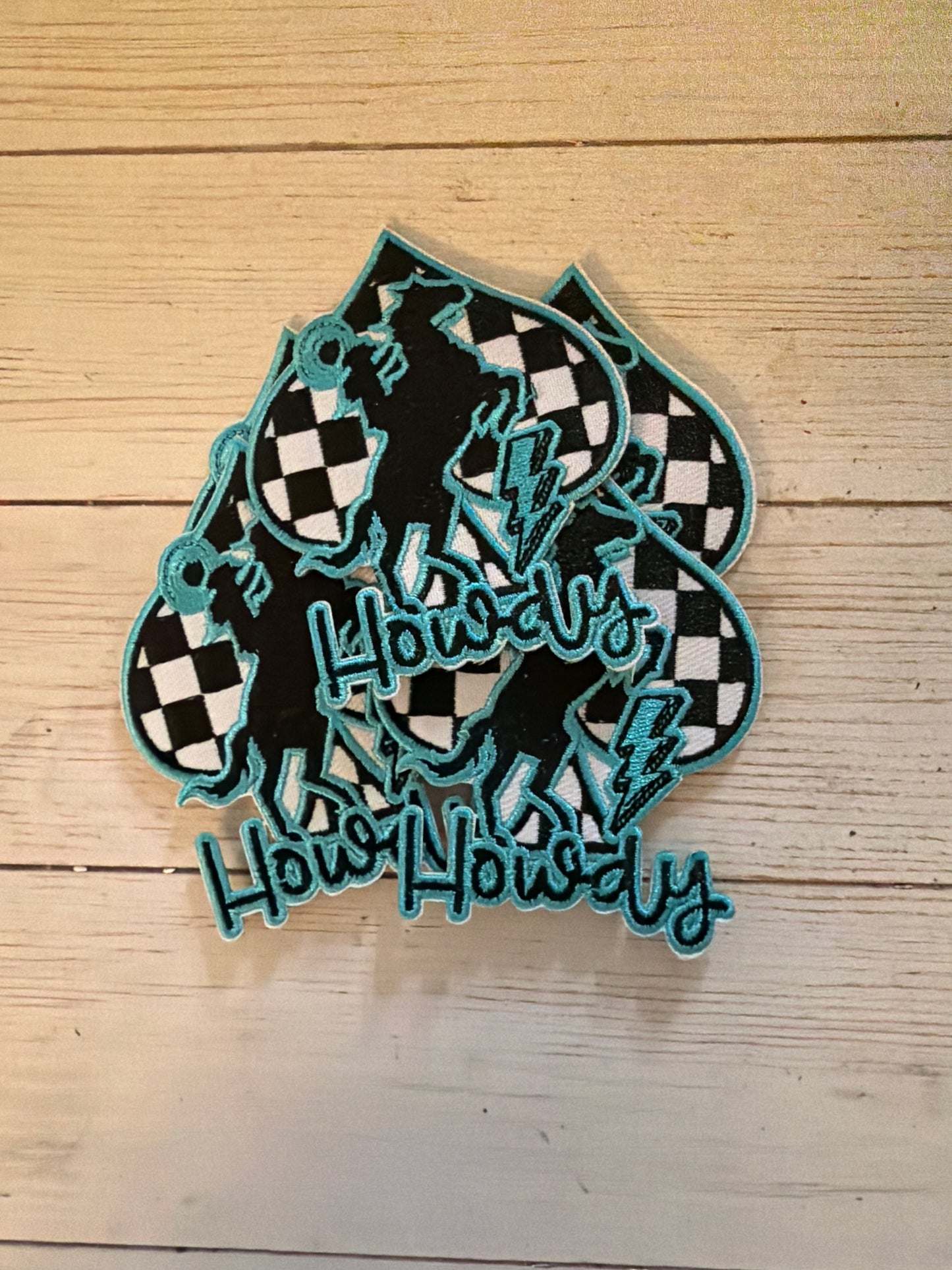 Checkered Turquoise Howdy Spade Patch