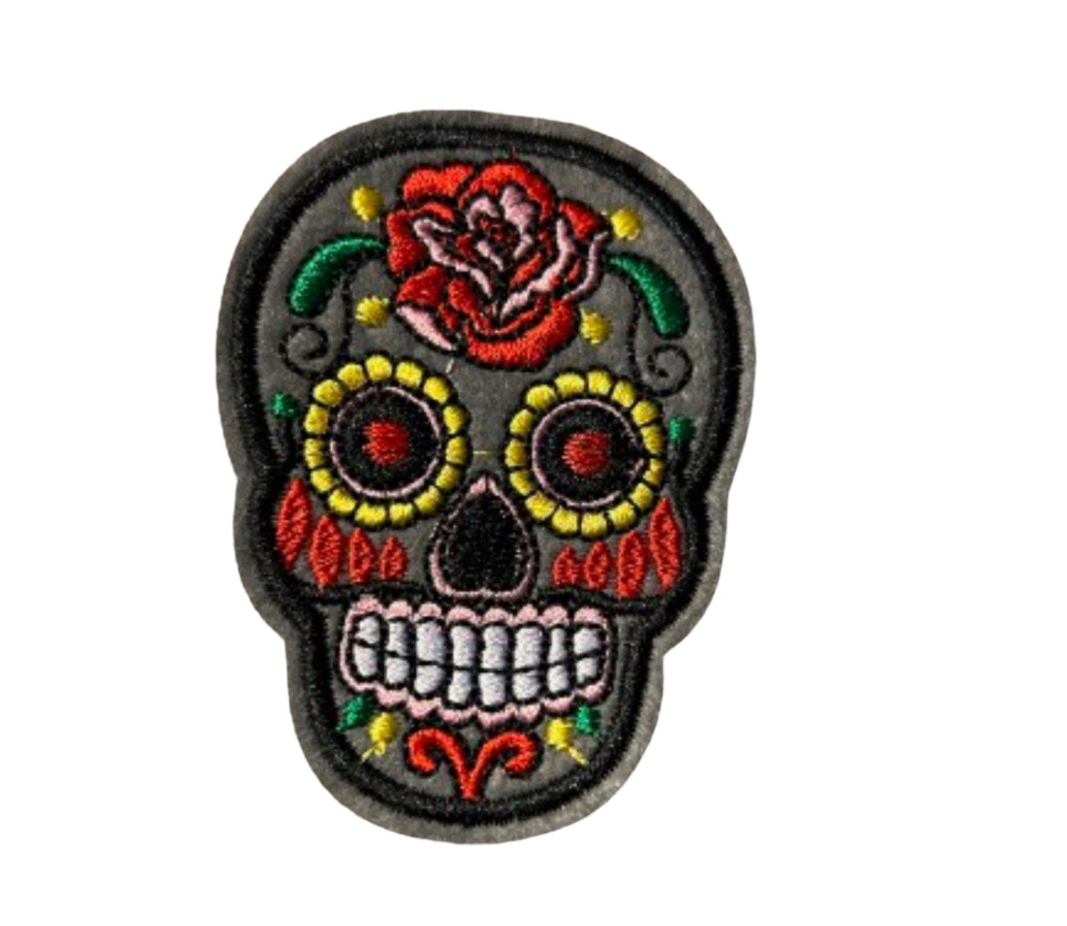 Spanish Sugar Skull Patch Iron On Ready Embroidered Mexican Sugar Skull Day of the Dead Pick Your Color