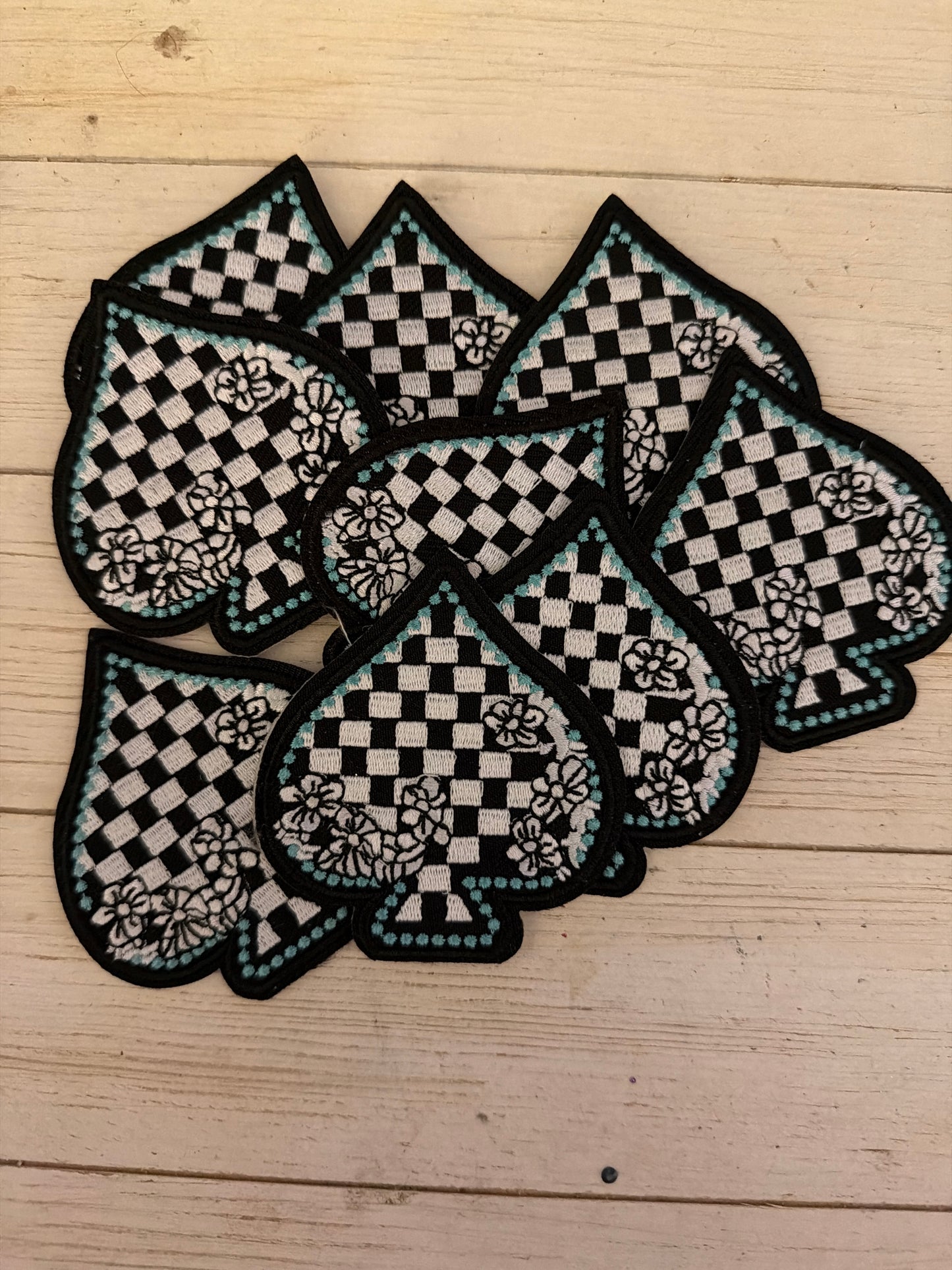 Checkered Spade turquoise Flowers Patch