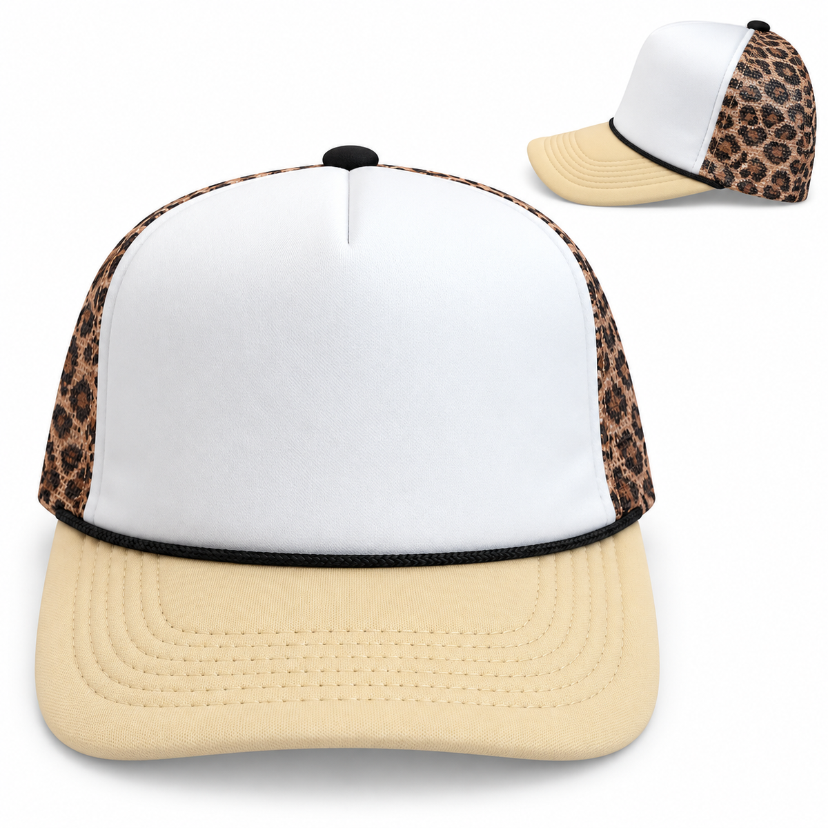 White Foam Tan Leopard Mesh Trucker Hat