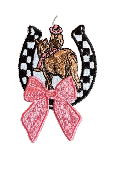 Checkered Horseshoe Pink Bow Patch 12l