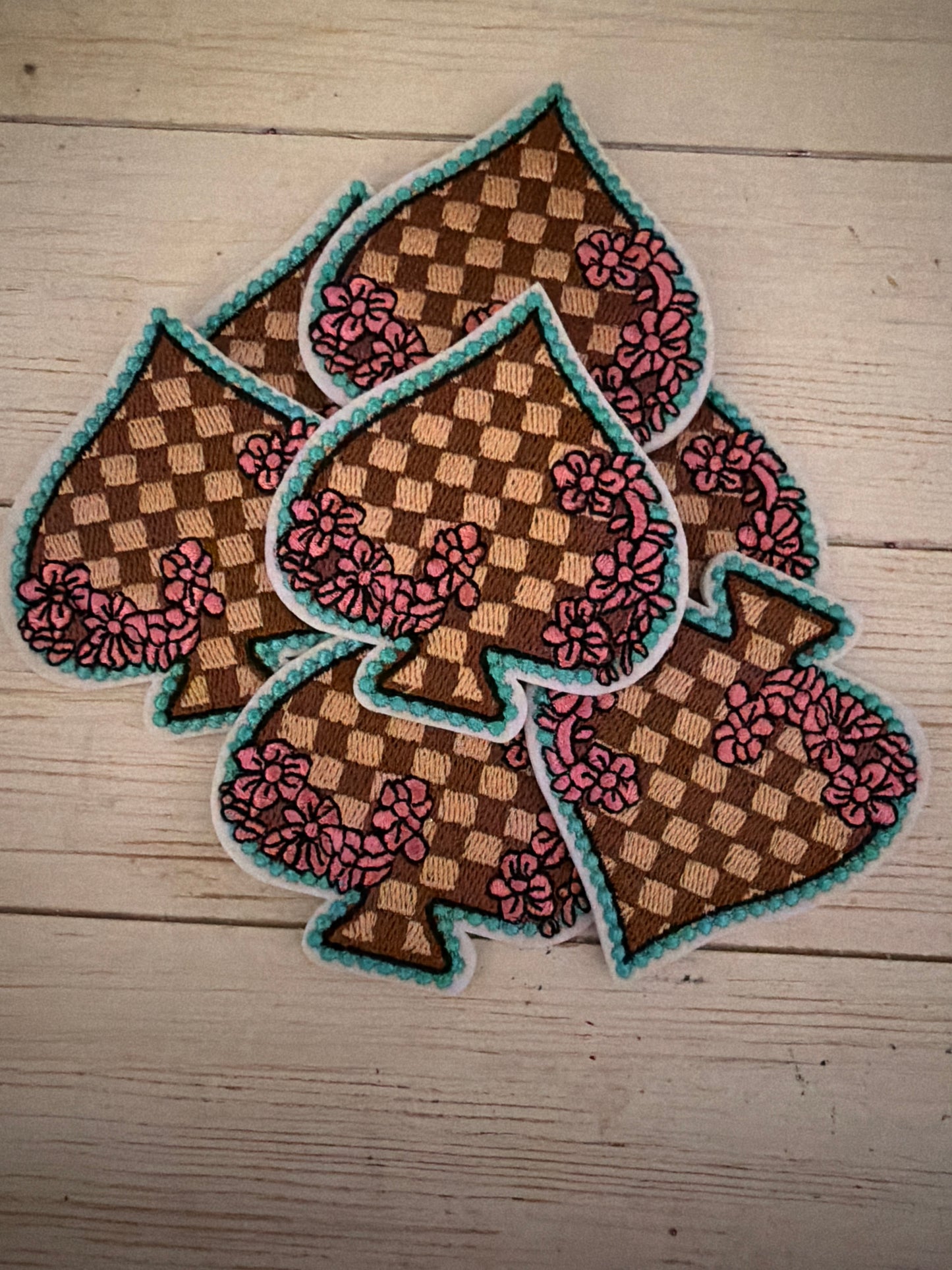 Brown Checkered Spade Turquoise Pink Flowers Patch
