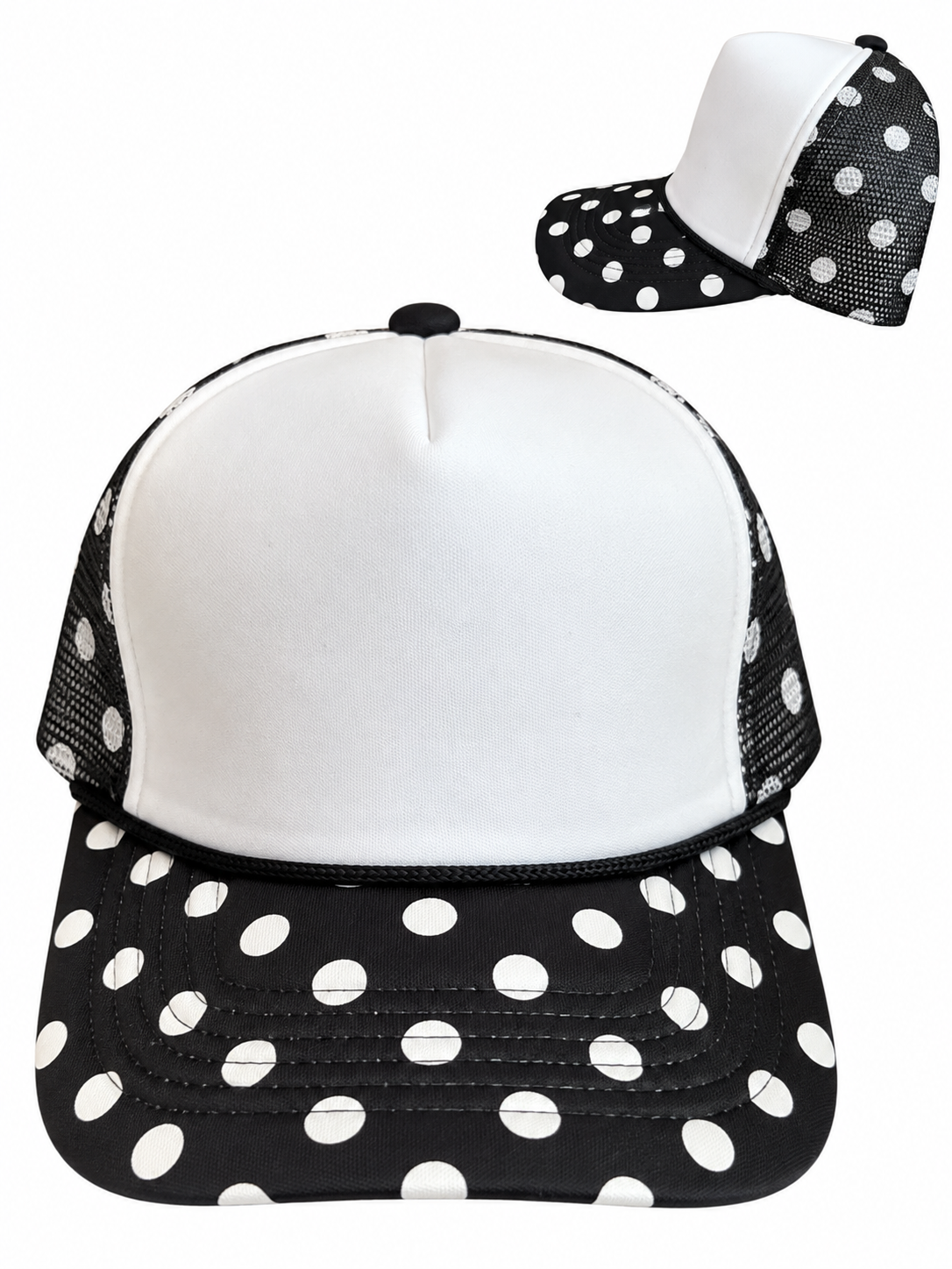 White Foam Black/White Polka Dot Mesh Trucker Hat