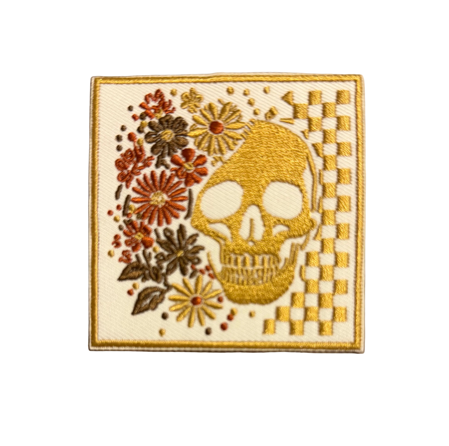 Skull Checkered Floral Square Patch 3f