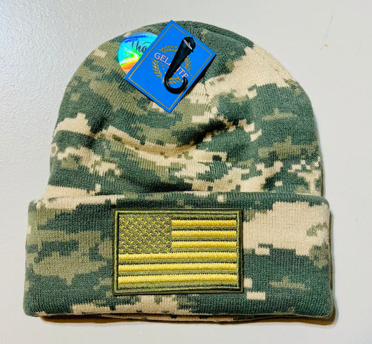 Camo Beanie Toboggan Hunting Camo Deer Military Trump Winter Hat Fishing Cold Weather Cap Skull Cap Digital Camo with Flag Brand New