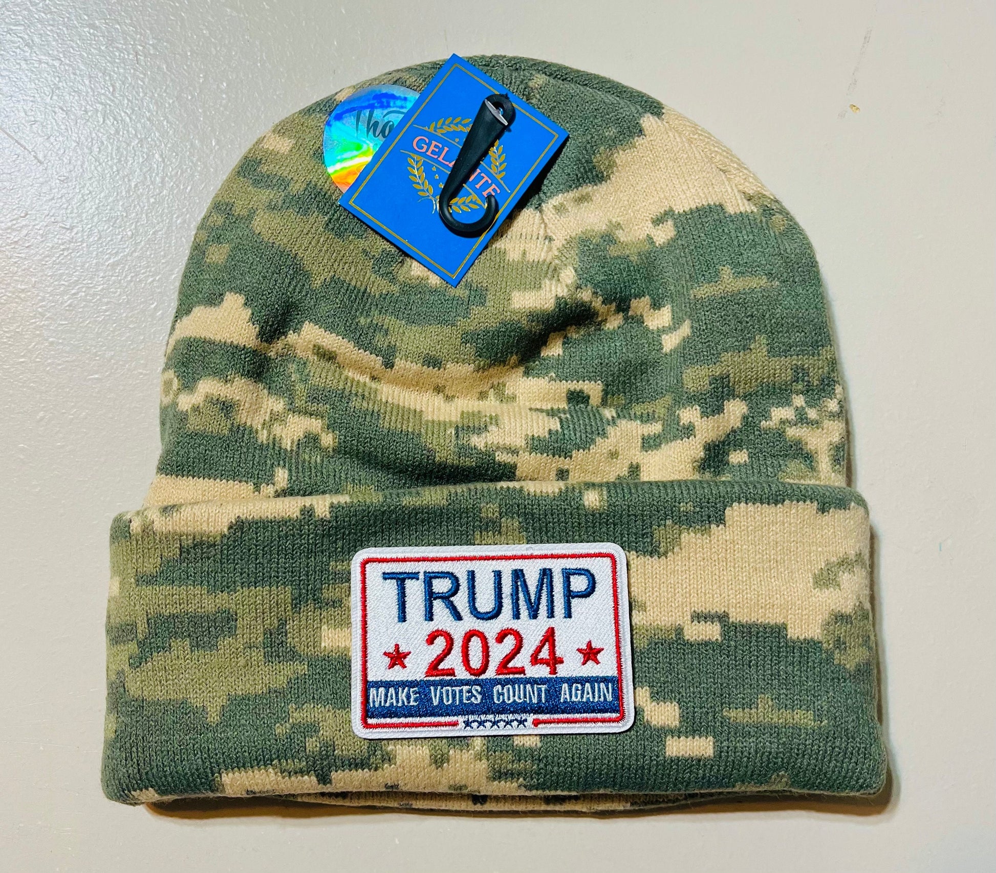 TRUMP 2024 Camo Beanie Toboggan ( Hunting Camo Deer Military Winter Hat Fishing Cold Weather Cap Skull Cap Digital Camo with Flag Brand New