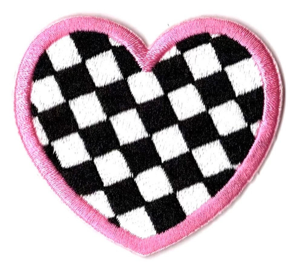 Checkered Hear Patch Iron On Embroidered Patch Hat Bar Filler Patch Checkered Heart Black and White