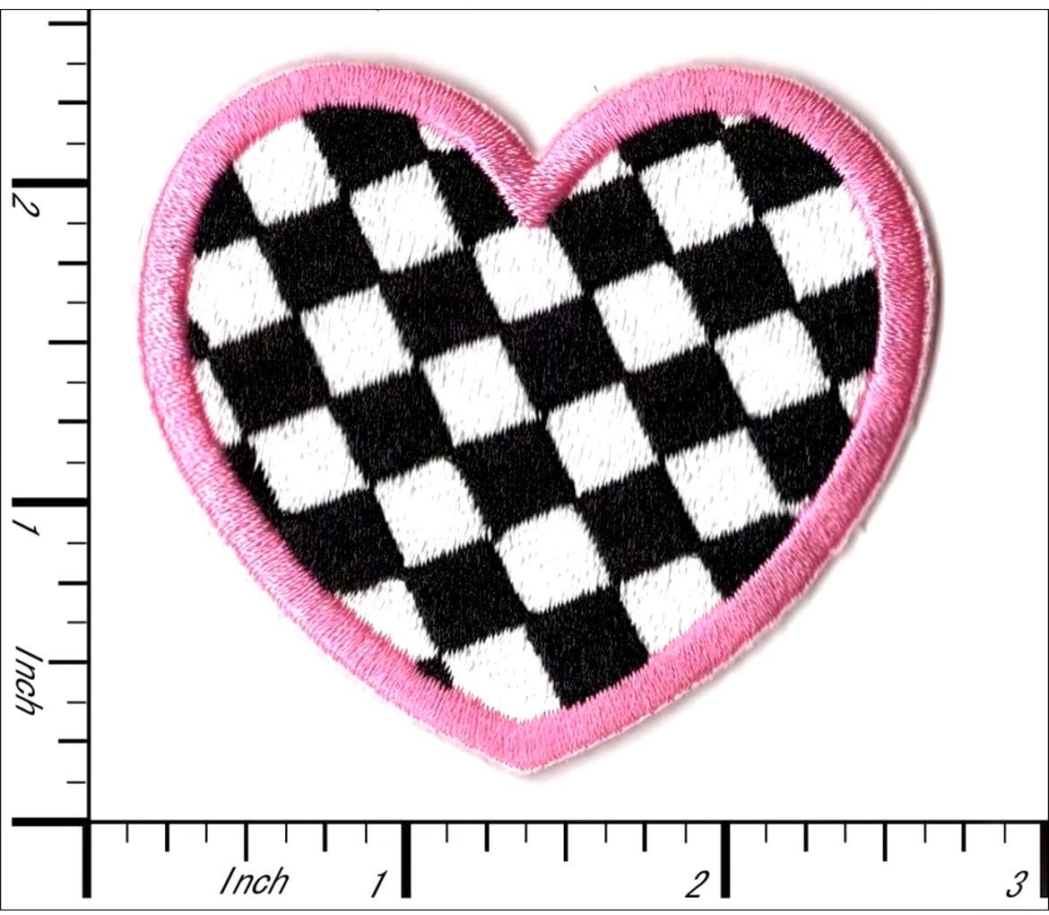 Checkered Hear Patch Iron On Embroidered Patch Hat Bar Filler Patch Checkered Heart Black and White