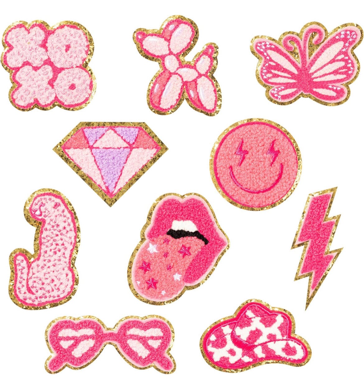 Patch Lot Pink Iron on Patch SET of 10! Chenille Smily Face Cowgirl Hearts Brand New High Quality! Valentines Lot y2k Az