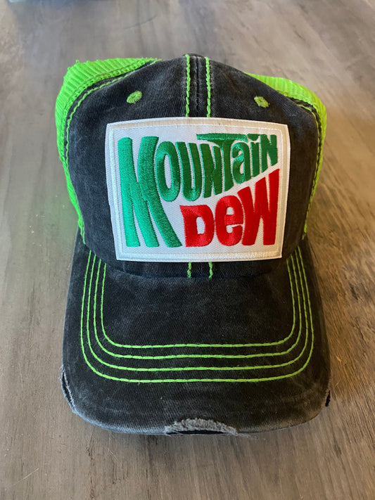 Mountain Dew Hat Distressed Trucker Hat Adjustable Unstructured Unisex Patch Style Cap Brand New