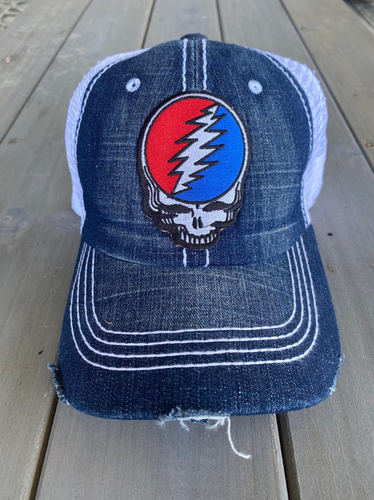 Grateful Dead Cap Denim Patch Stule Skull Trucker Hat Steal Your Face Cap Stealie Mesh Adjustable Unisex Brand New