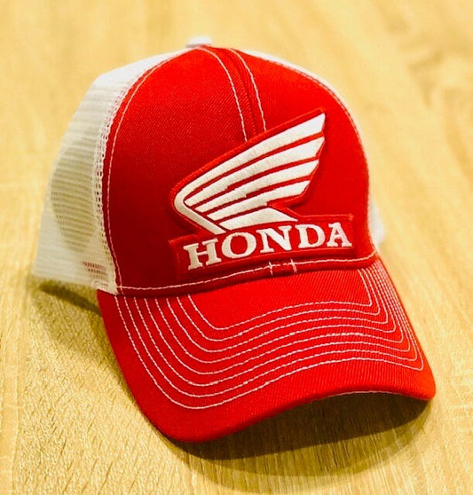 Honda Wing Structured Trucker Hat Red and a White Racing Cap Unisex Adjustable Logo