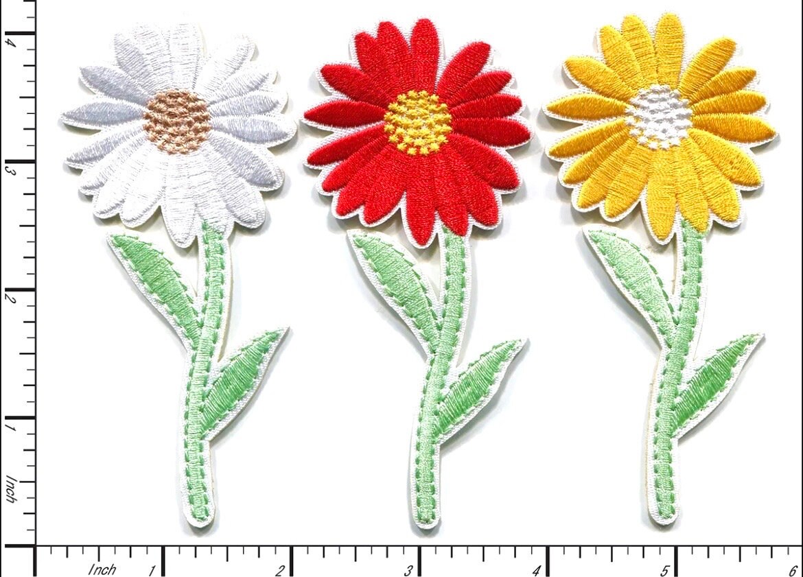 Flower Patches Iron on Ready Set of THREE (3) Daisy Garden Flower Power Brand New Embroidered High Quality!